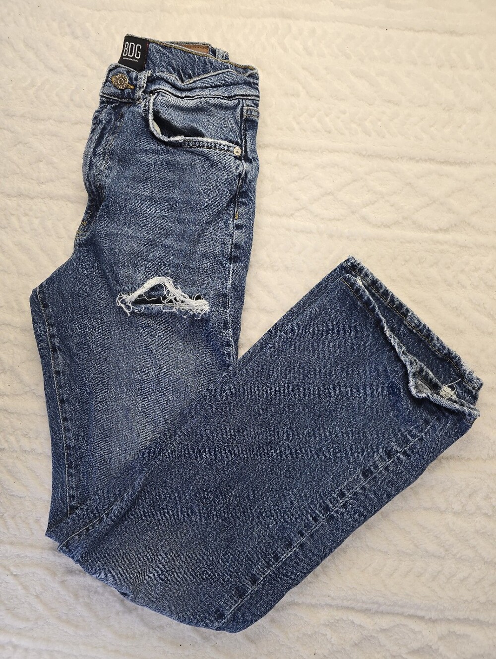 BDG Jeans High Rise Flare Distressed Blue Medium Wash Stretch Denim Retro 27